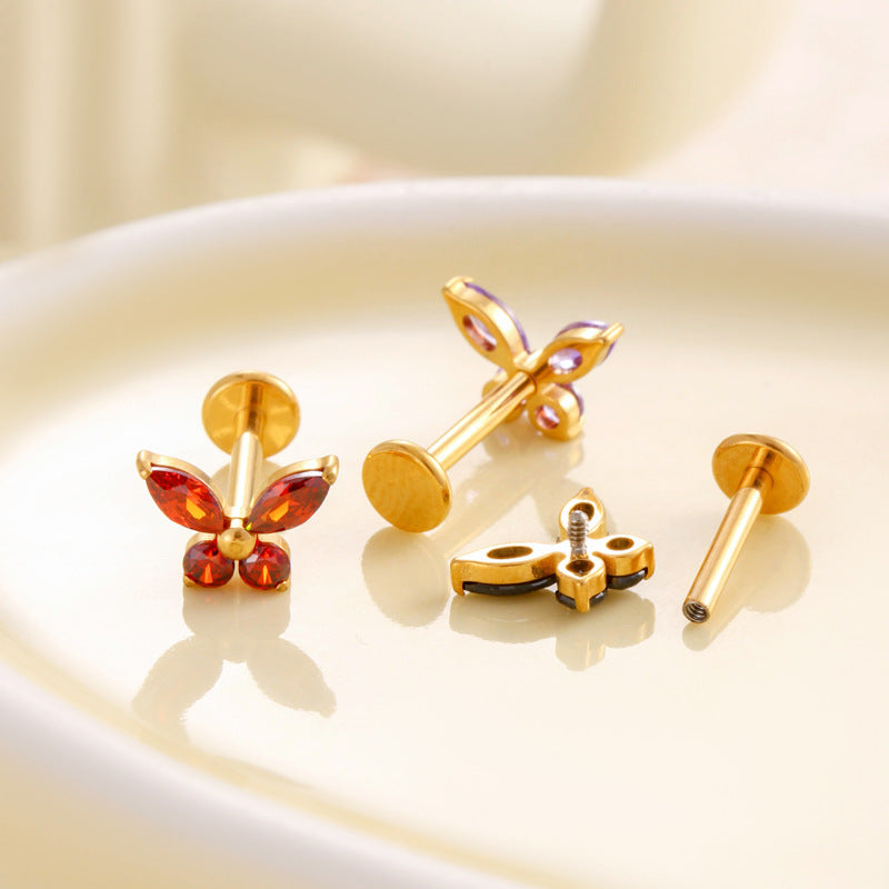 F136 Titanium Butterfly Zirconia Piercing - 1.2*8mm Lip & Cartilage Stud with Internal Thread