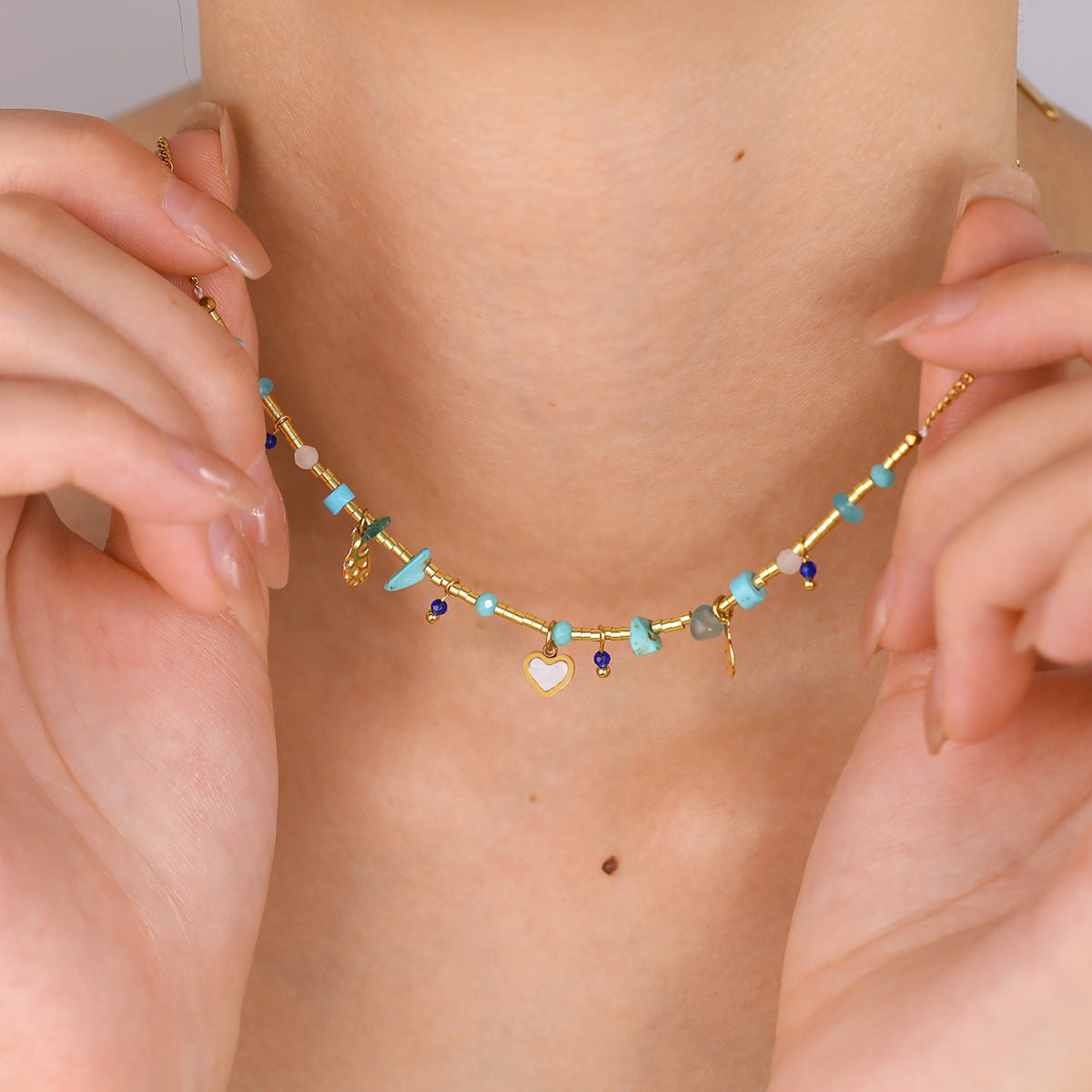 18K Gold Plated Titanium Steel Ocean Style Heart Pendant Necklace with Turquoise