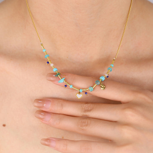 18K Gold Plated Titanium Steel Ocean Style Heart Pendant Necklace with Turquoise