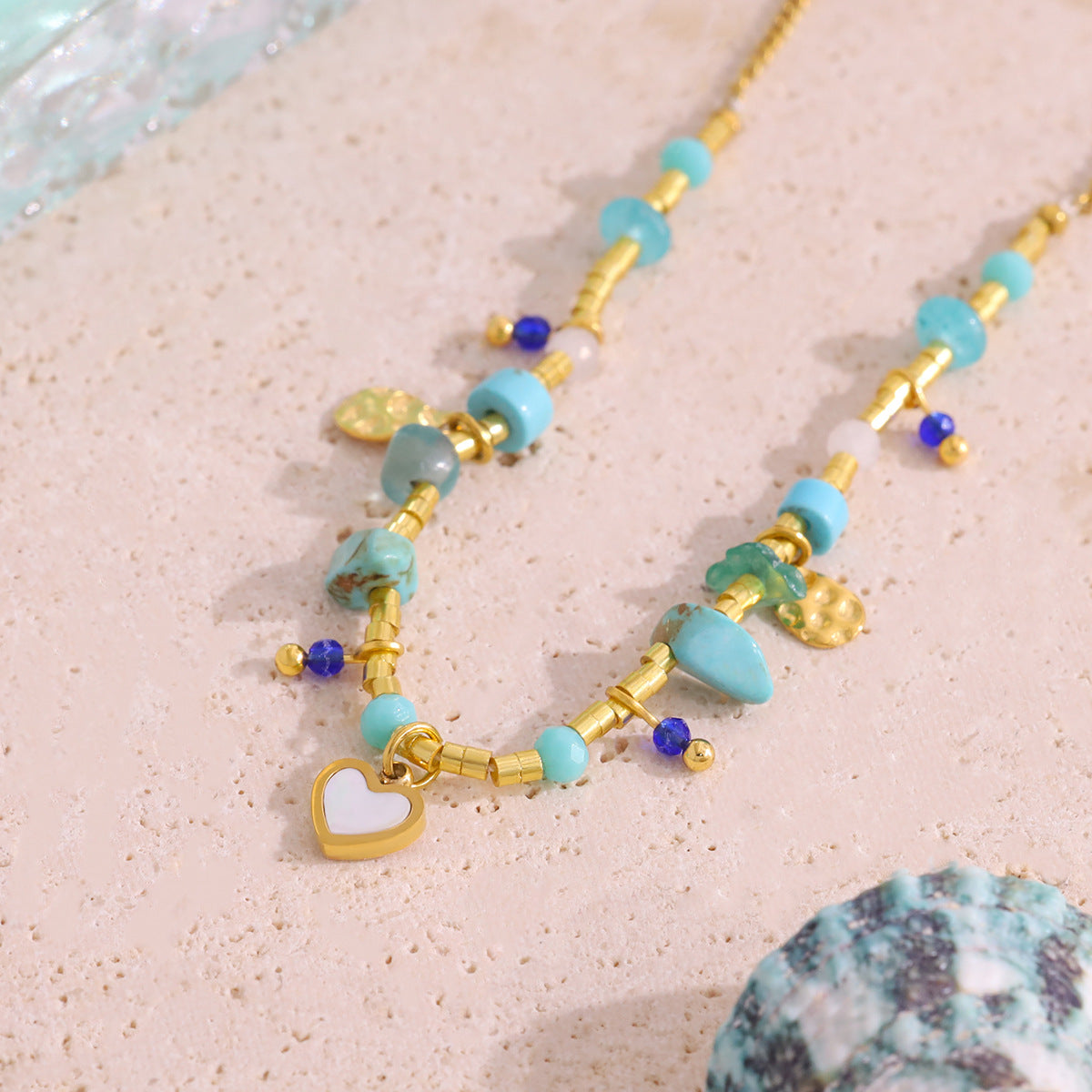 18K Gold Plated Titanium Steel Ocean Style Heart Pendant Necklace with Turquoise