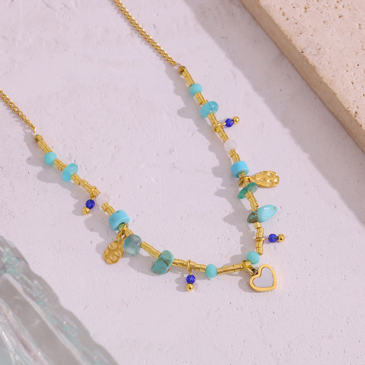 18K Gold Plated Titanium Steel Ocean Style Heart Pendant Necklace with Turquoise
