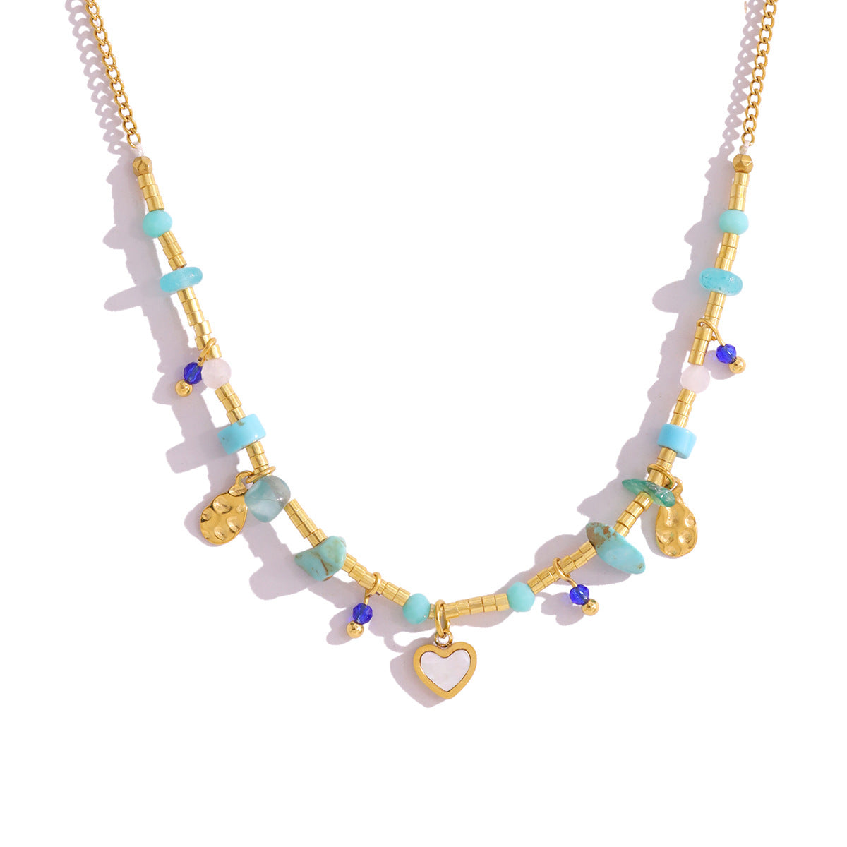 18K Gold Plated Titanium Steel Ocean Style Heart Pendant Necklace with Turquoise