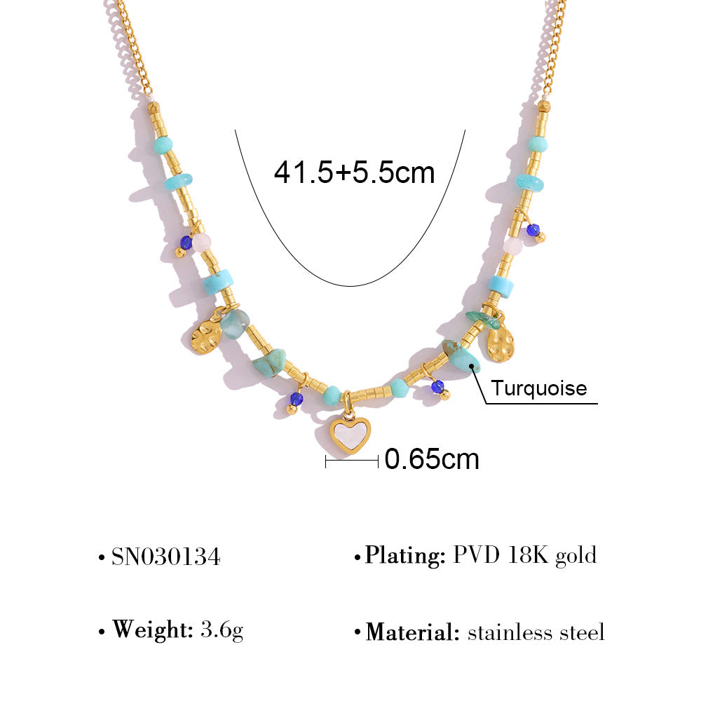18K Gold Plated Titanium Steel Ocean Style Heart Pendant Necklace with Turquoise