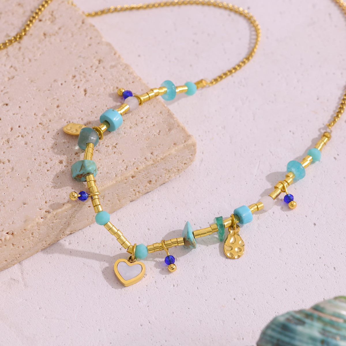 18K Gold Plated Titanium Steel Ocean Style Heart Pendant Necklace with Turquoise