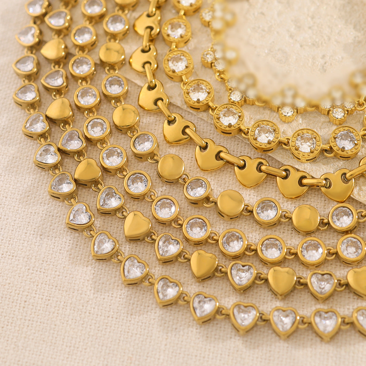 18K Gold Plated Stainless Steel Cubic Zirconia Bracelet – Heart, Circle & Flower Design | Luxury Jewelry