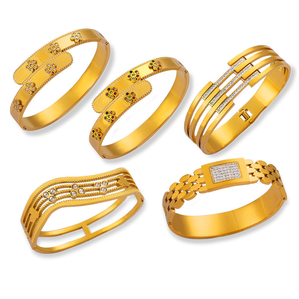 Geometric Stainless Steel Bangle with Czech Diamond & Color Ceramic Glaze – Layered Retro Bracelet Collection | WANTI Jewelry