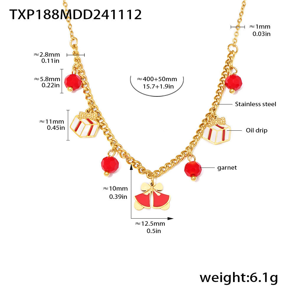 Gold Plated Stainless Steel Double-Layer Bell & Apple Gift Necklace & Bracelet – Garnet Drop