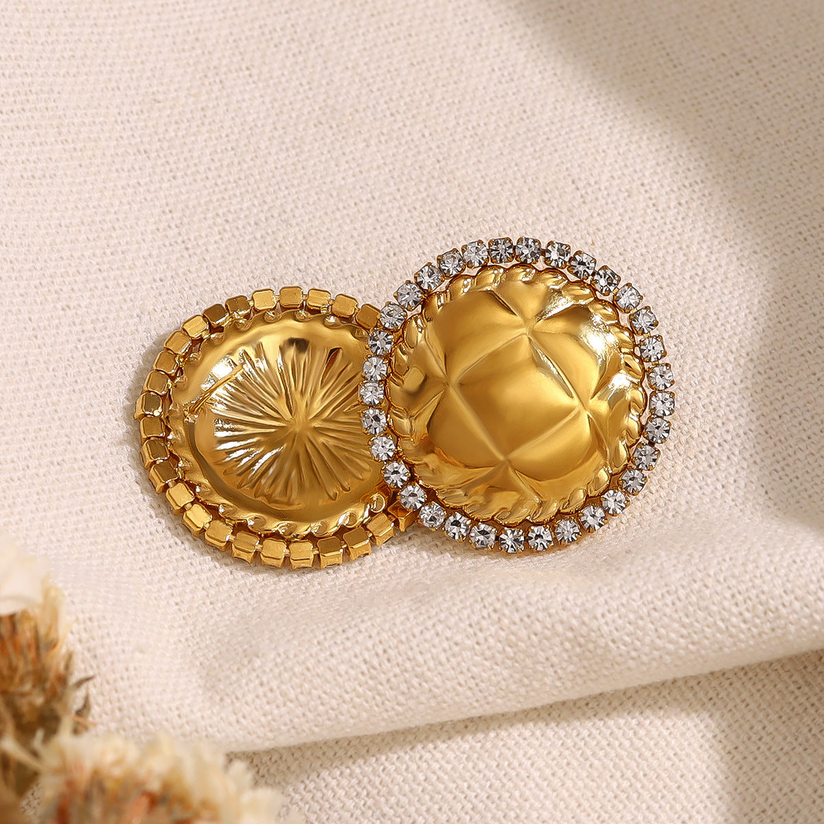 Stainless Steel Crystal Geometric Round Earrings – Textured Luxury Statement Hoop Earrings for Women