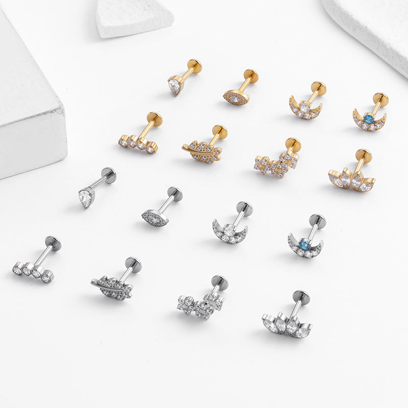 G23 Titanium Moon, Leaf & Flower CZ Studs for Cartilage Piercings | F136 Hypoallergenic Ear Bone Jewelry