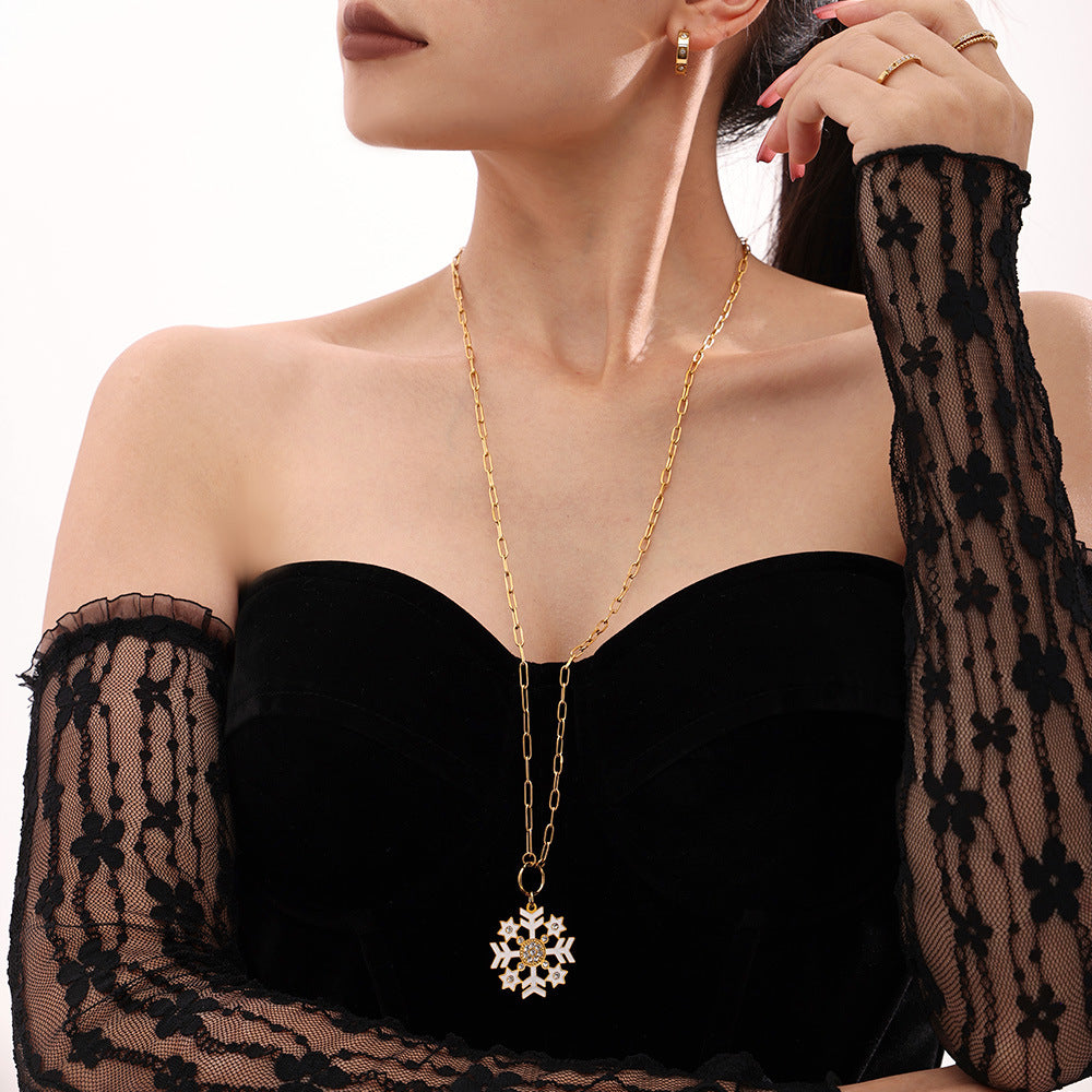 Gold Stainless Steel Christmas Snowflake Long Necklace – White, Green & Red Enamel Pendant Holiday Jewelry