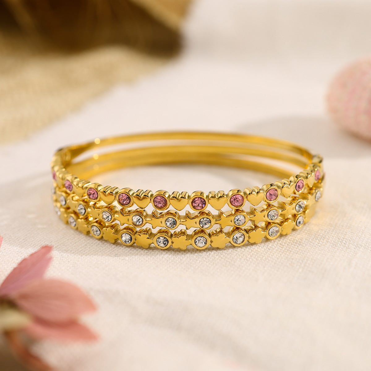 18K Gold Plated Stainless Steel Crystal Heart & Star Bangle Bracelet | Elegant Narrow Edge Cuff Jewelry for Women