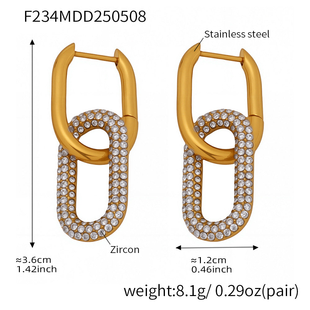 Gold Oval Zircon Dangle Earrings – Elegant Stainless Steel Full Zircon Hoop Earrings for Women