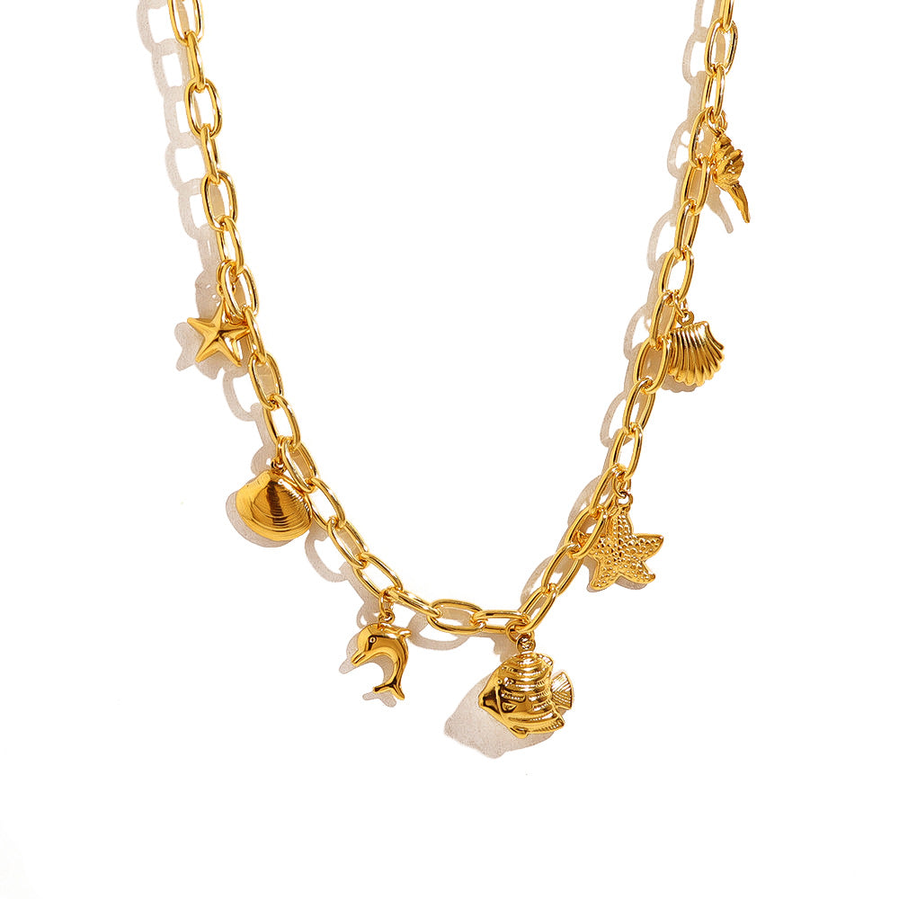 18K Gold Plated Titanium Steel Ocean-Inspired Starfish, Fish, Dolphin, Shell Pendant Necklace | Trendy Beach Jewelry