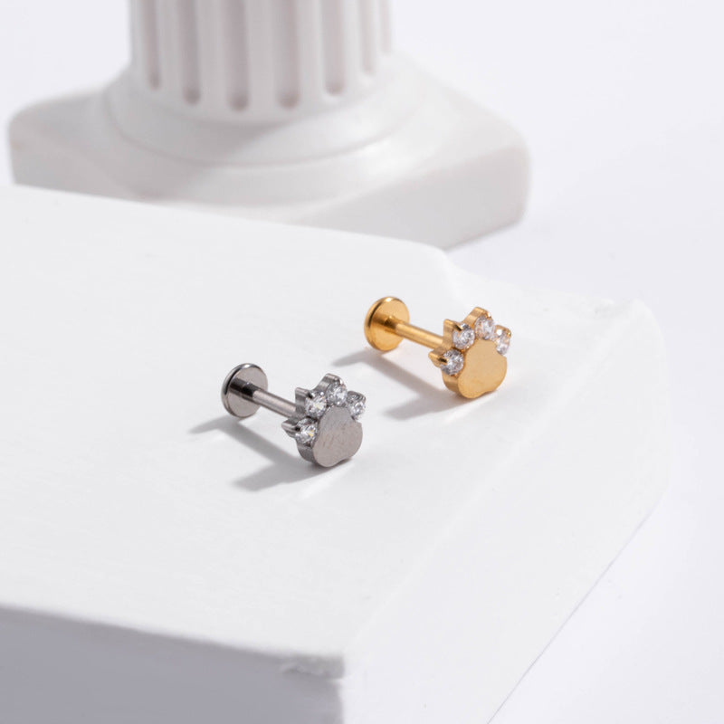 G23 Titanium Push Pin Labret Stud Hollow Flower Paw Design | Hypoallergenic Flat Back Cartilage Piercing Jewelry