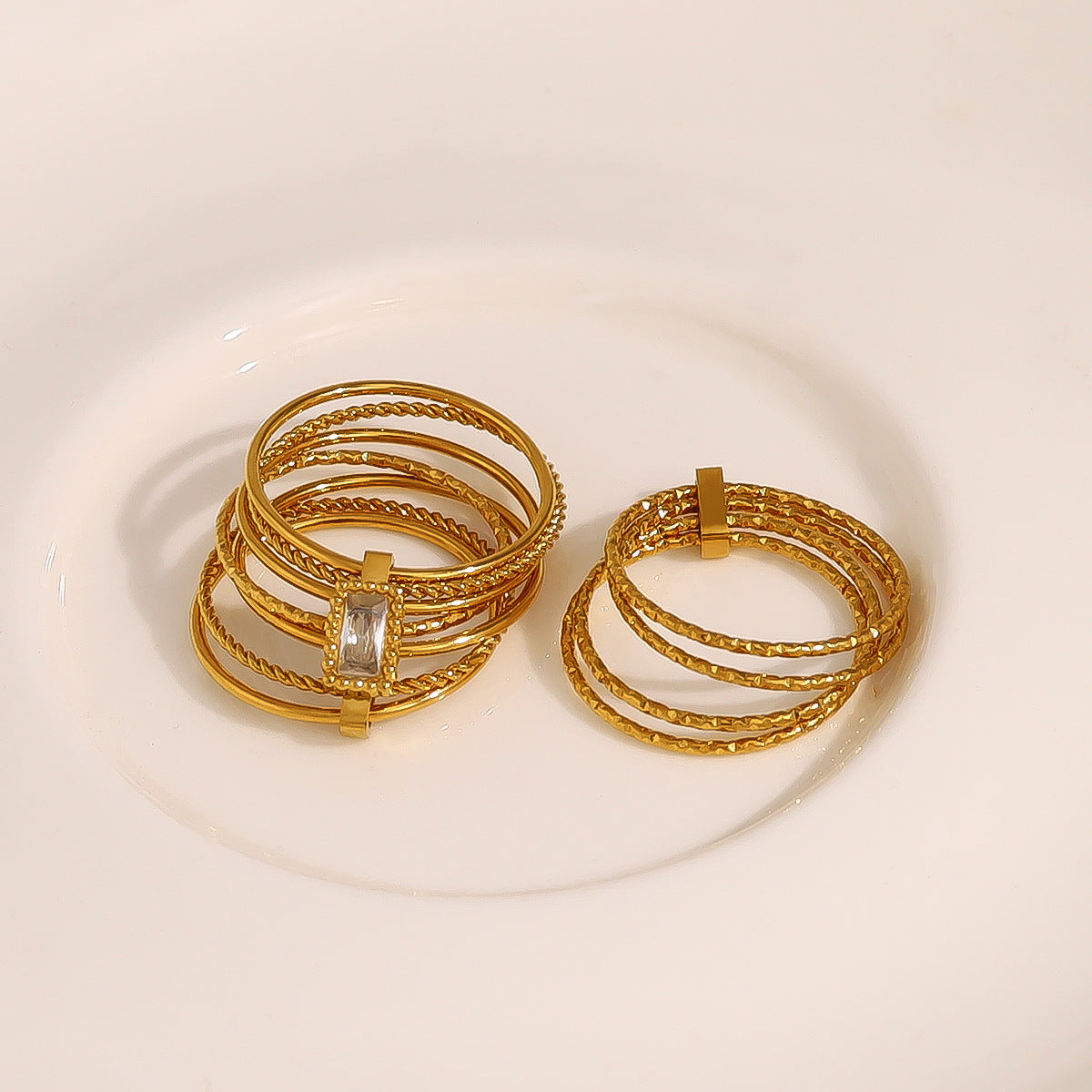 18K Gold Plated Titanium Steel Multi-Layered Ring | Bold Design with Zircon, Stainless Steel