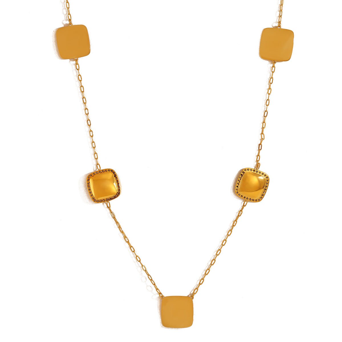 Square Crystal Inlay Long Necklace – 18K Gold-Plated Titanium Steel Jewelry