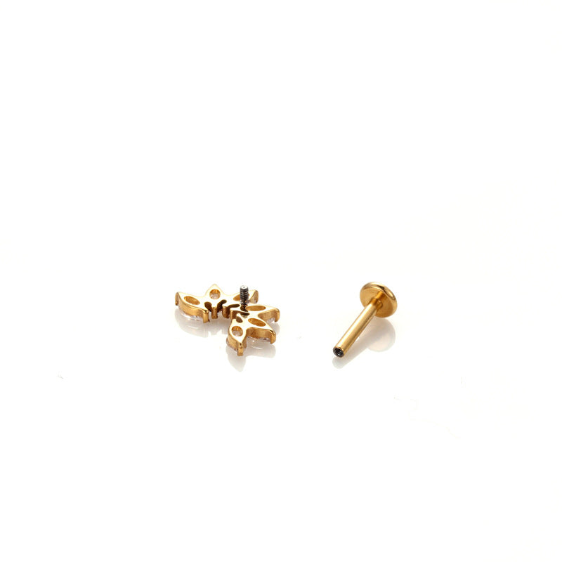 G23 Titanium Internal Thread Lip & Cartilage Studs – Zircon Flower, Cross, Opal Designs | Gold & Silver Piercing Jewelry
