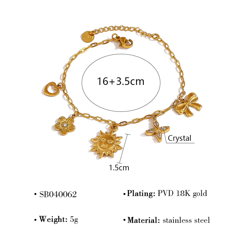 18K Gold Plated Titanium Steel Sunflower, Bow, Heart, and Four-Leaf Clover Layered Bracelet | Fashion Jewelry