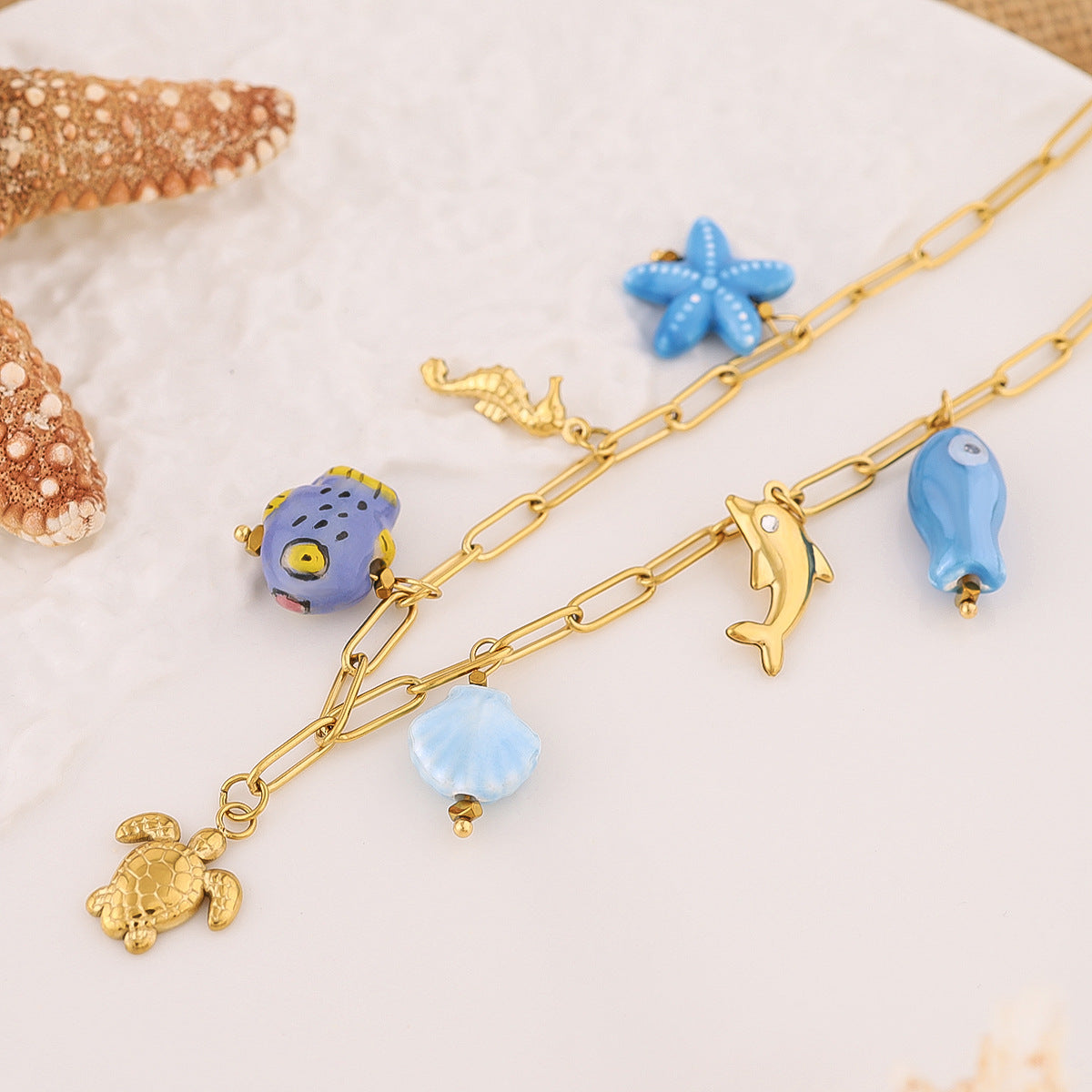 18K Gold Plated Titanium Steel Ocean Pendant Necklace | Seahorse, Starfish, Shell, Turtle, Fish & Dolphin Designs