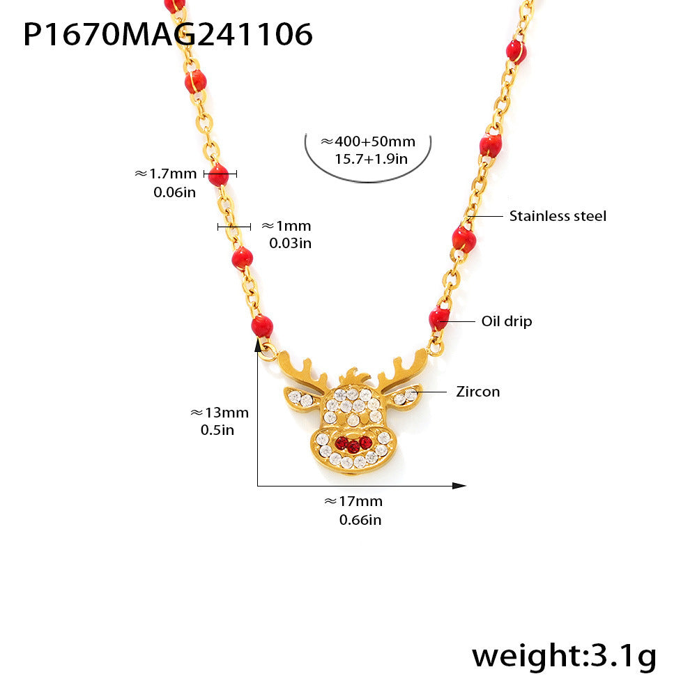 Gold Stainless Steel Christmas Necklace Collection | Reindeer, Tree, Bell, Sock, and Gift Box Oil Drop Zircon Pendants
