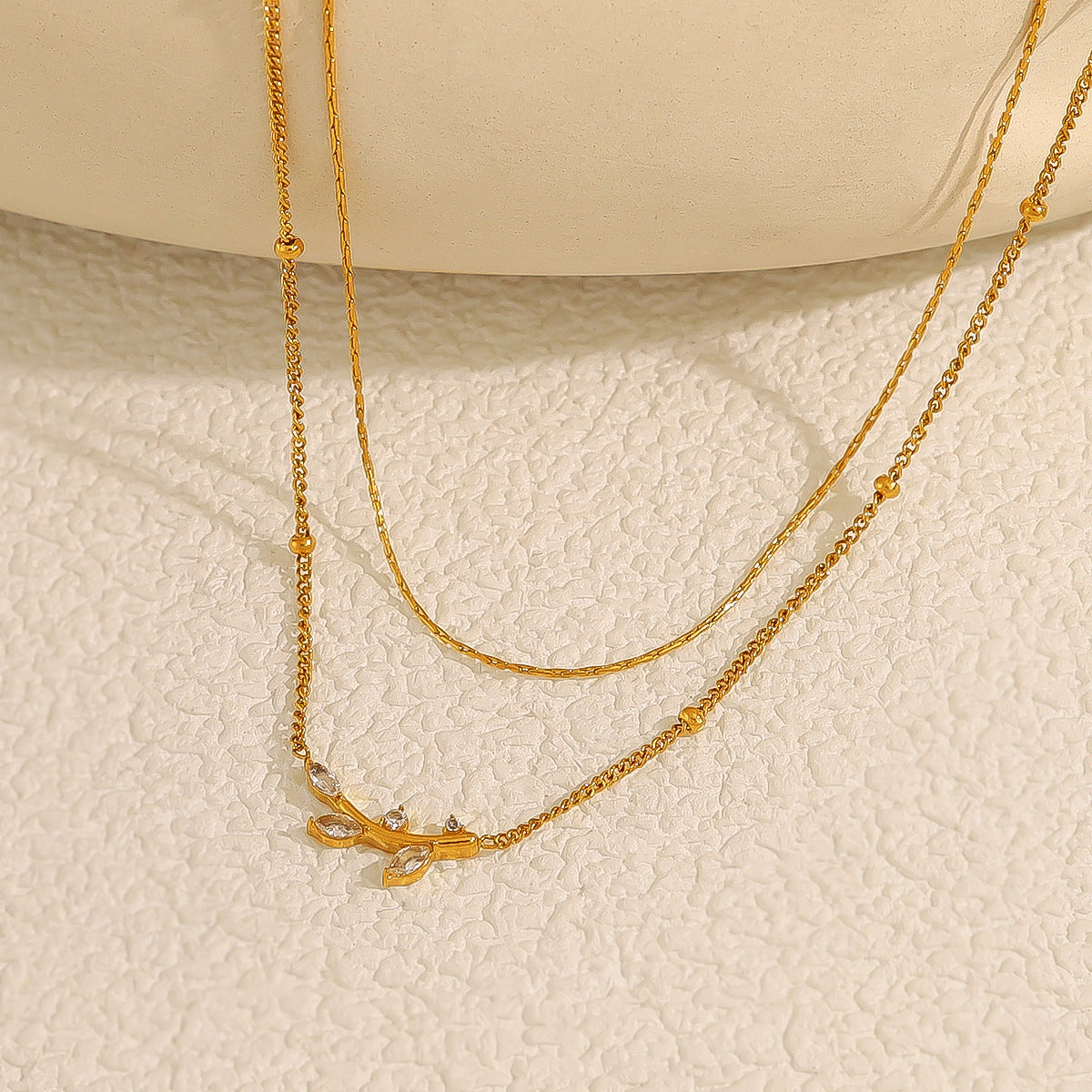 18K Gold Plated Titanium Steel Olive Leaf Pendant Necklace with Double Layered Crystal | Elegant Fashion Jewelry