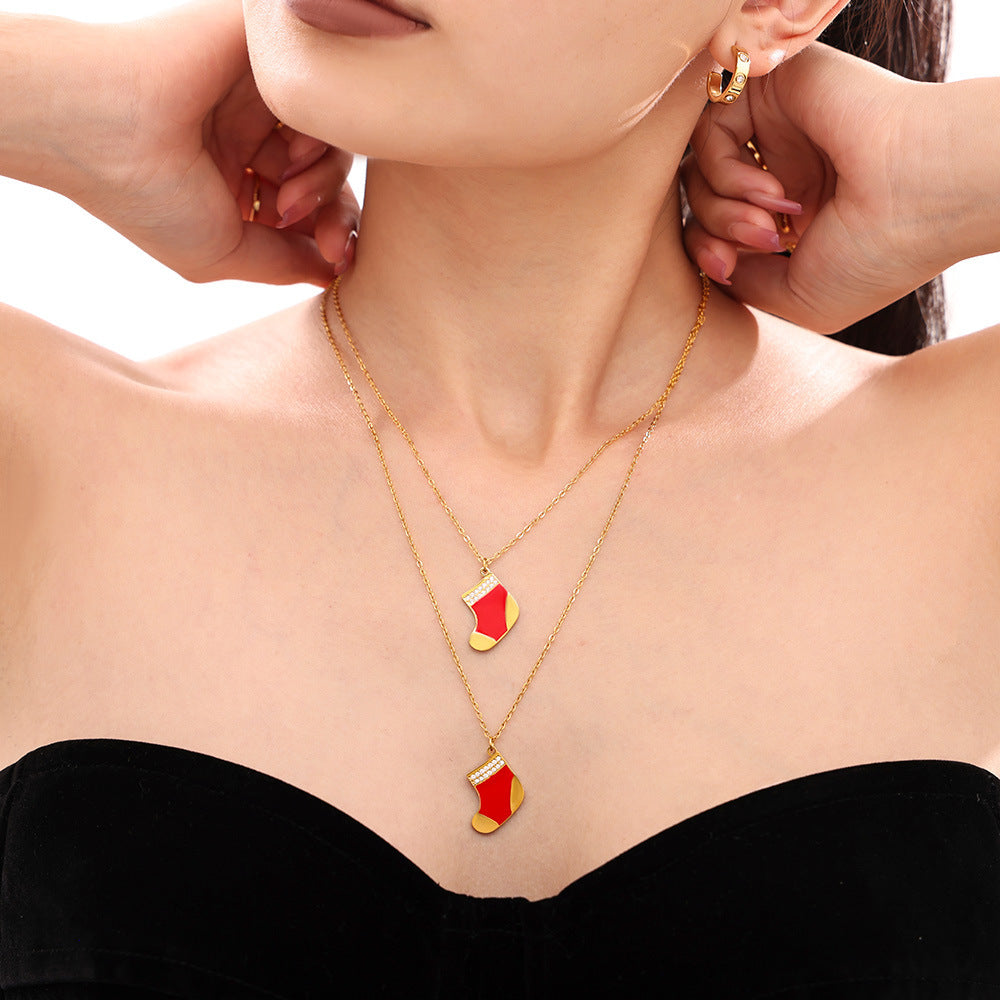 Gold Stainless Steel Christmas Red Sock Pendant Necklace | Festive Holiday Zircon Jewelry Gift