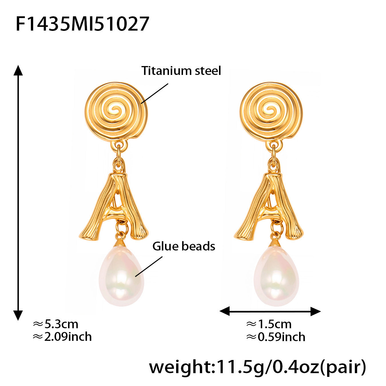 Stainless Steel Letter A Pearl Drop Earrings – Spiral Circle Design | Elegant Statement Earrings for Women