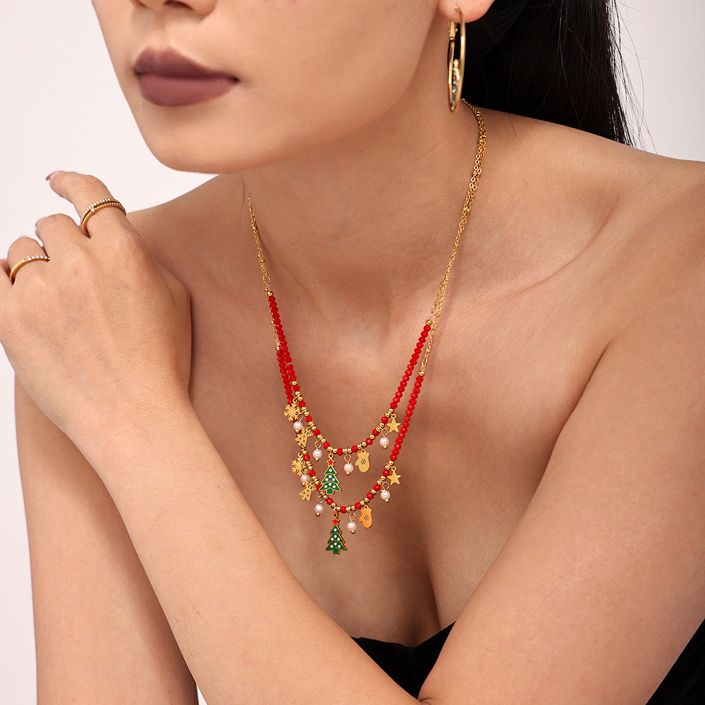 Gold Stainless Steel Christmas Tree Star Snowflake Pendant Necklace | Festive Zircon Holiday Jewelry Gift