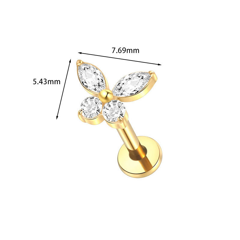F136 Titanium Butterfly Zirconia Piercing - 1.2*8mm Lip & Cartilage Stud with Internal Thread