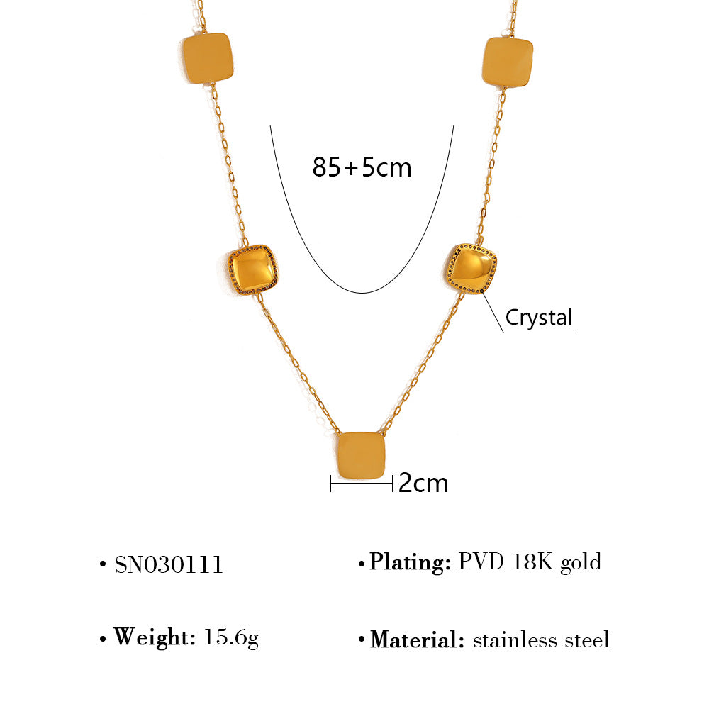 Square Crystal Inlay Long Necklace – 18K Gold-Plated Titanium Steel Jewelry