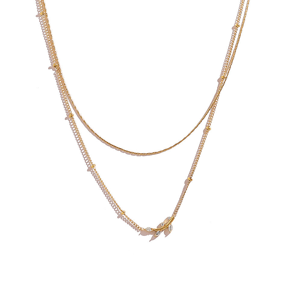 18K Gold Plated Titanium Steel Olive Leaf Pendant Necklace with Double Layered Crystal | Elegant Fashion Jewelry