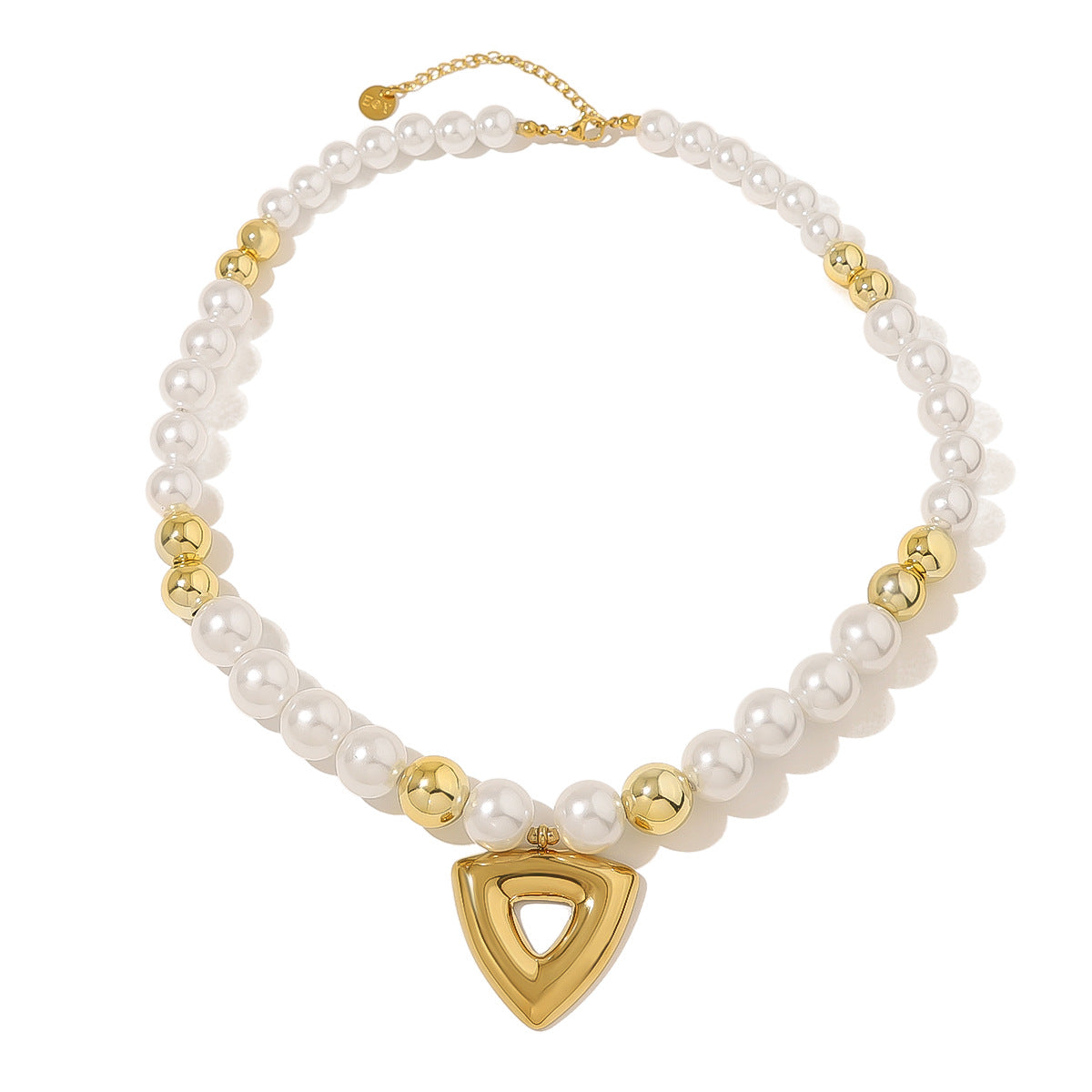 Vintage Pearl Beaded Hollow Triangle Pendant Necklace | 18K Gold & Silver Stainless Steel Elegant Jewelry for Women