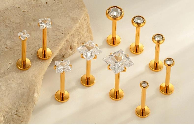 G23/F136 Titanium CZ Internally Threaded Flat-Back Cartilage Stud Earrings – Square, Round Series