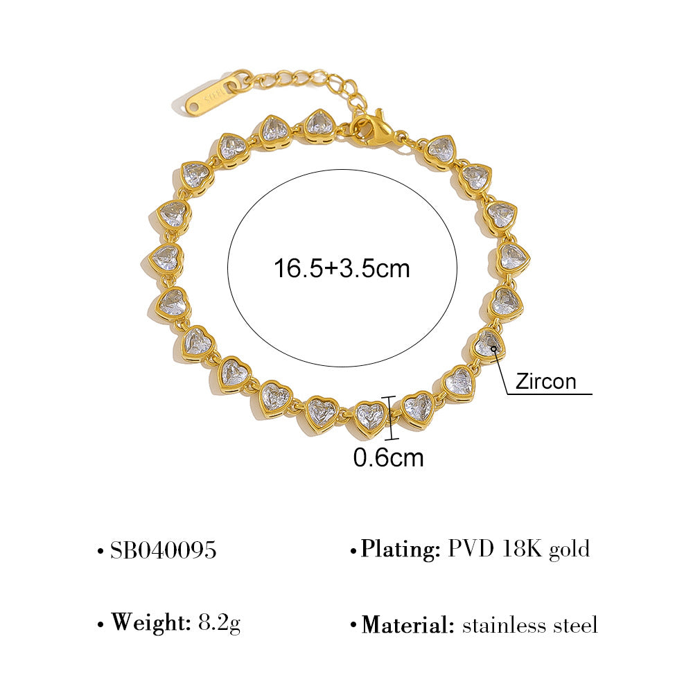 18K Gold Plated Stainless Steel Cubic Zirconia Bracelet – Heart, Circle & Flower Design | Luxury Jewelry