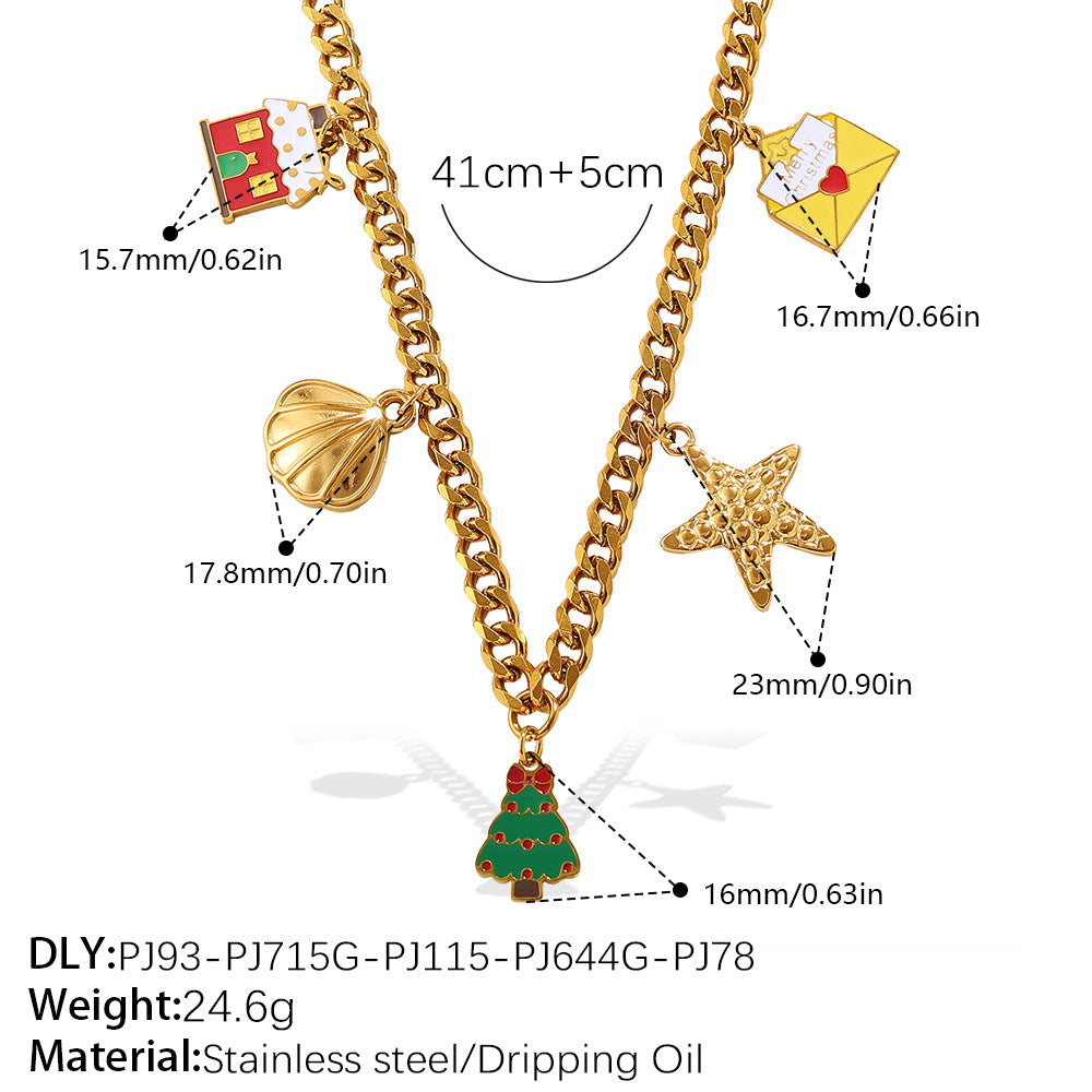 Gold Stainless Steel Christmas Holiday Pendant Tassel Necklace | Festive Fashion Jewelry