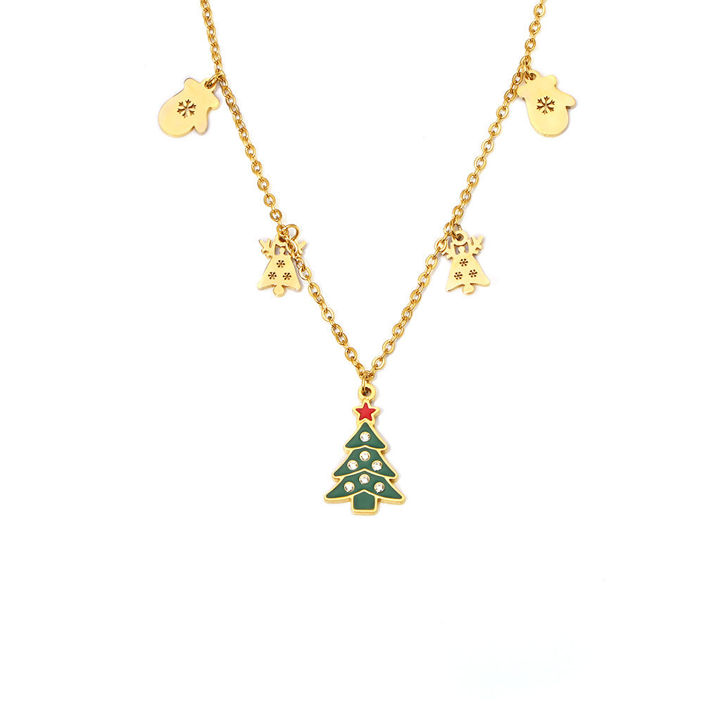 Gold Stainless Steel Christmas Necklace | Green Christmas Tree Pendant with Oil Drop & Zircon