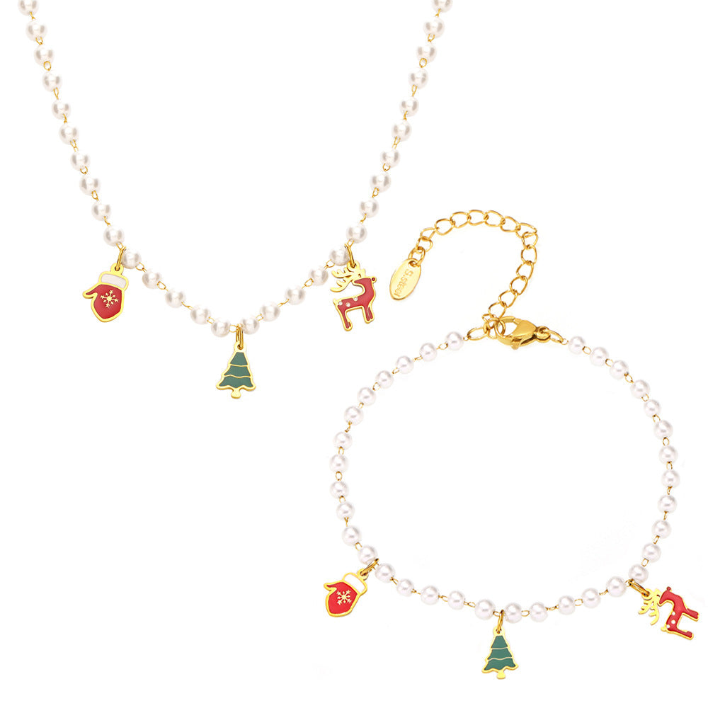 Christmas Tree Reindeer Glove Pendant Imitation Pearl Enamel Necklace & Bracelet Set – Stainless Steel Gold Plated Holiday Jewelry