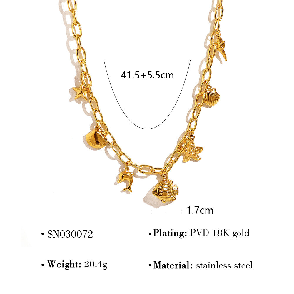 18K Gold Plated Titanium Steel Ocean-Inspired Starfish, Fish, Dolphin, Shell Pendant Necklace | Trendy Beach Jewelry
