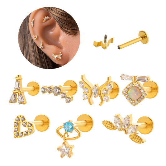 G23 Titanium Zircon-Set Butterfly, Heart, Pyramid, Star Internal Thread Lip & Cartilage Piercing Earrings