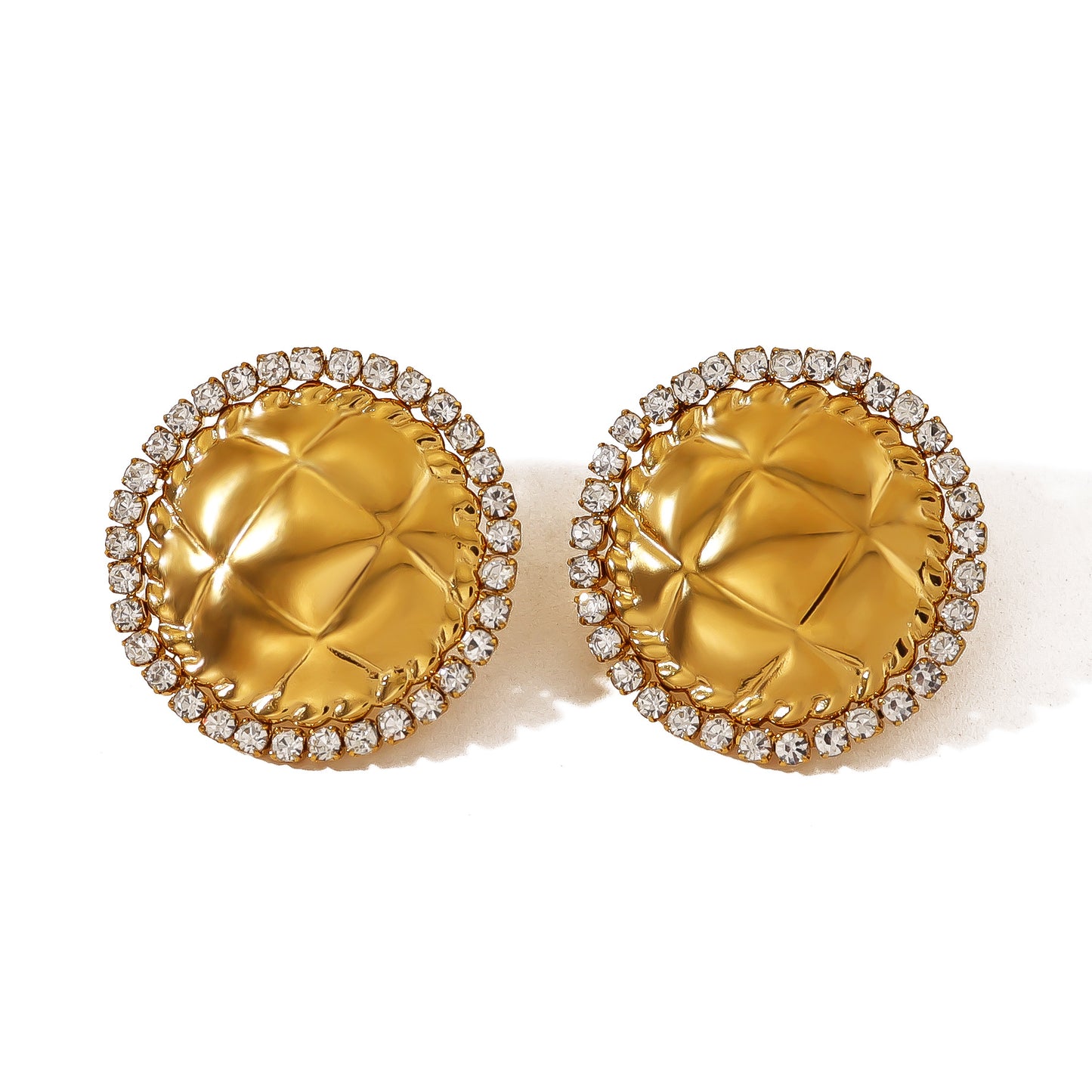 Stainless Steel Crystal Geometric Round Earrings – Textured Luxury Statement Hoop Earrings for Women