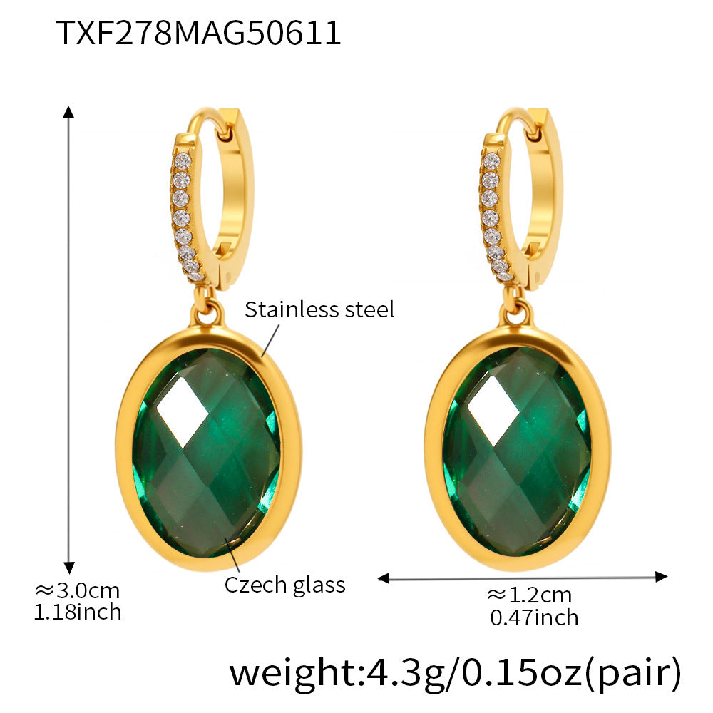 Colorful Oval Glass Stone Stainless Steel Drop Earrings – Elegant Lightweight Statement Jewelry | WANTI Jewelry