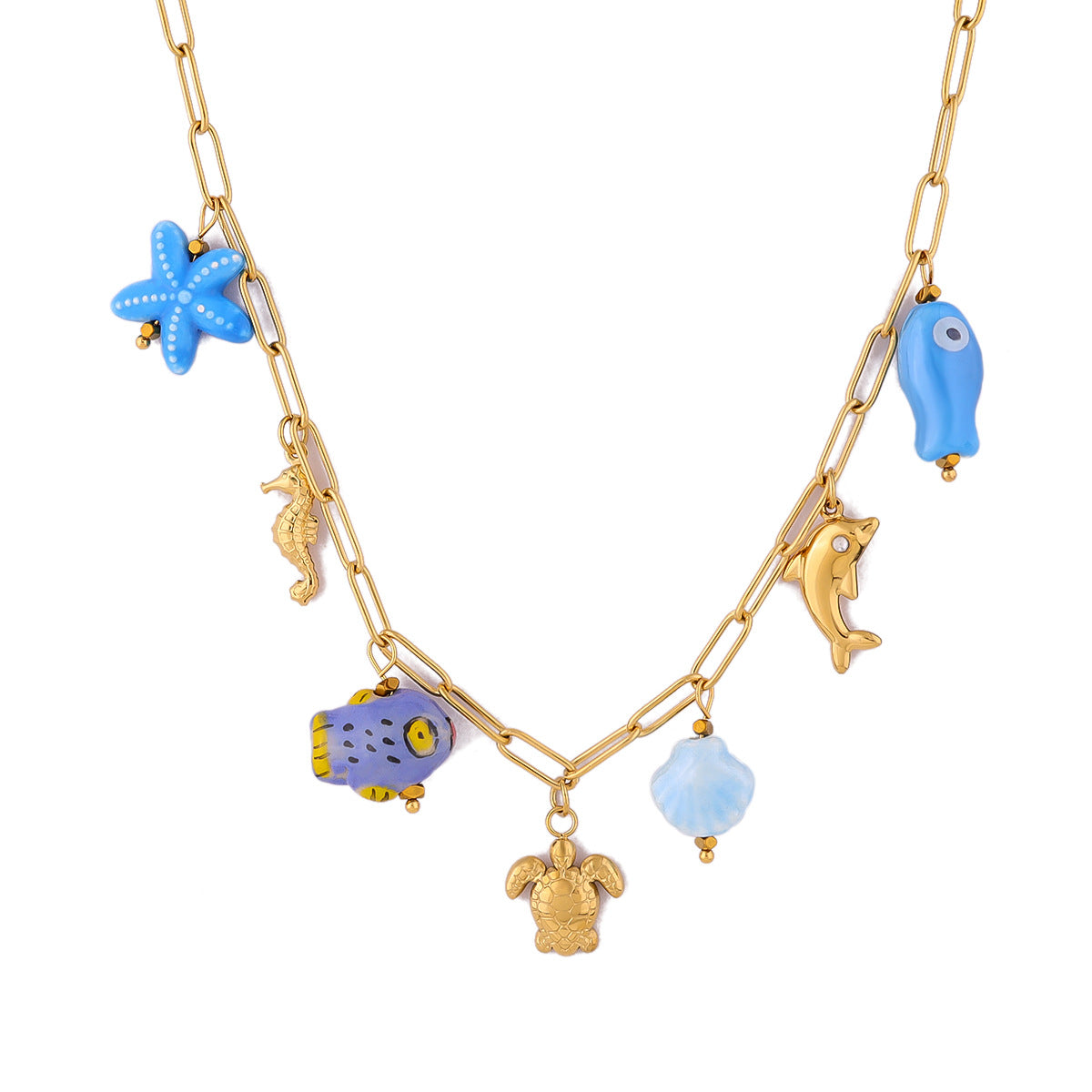 18K Gold Plated Titanium Steel Ocean Pendant Necklace | Seahorse, Starfish, Shell, Turtle, Fish & Dolphin Designs