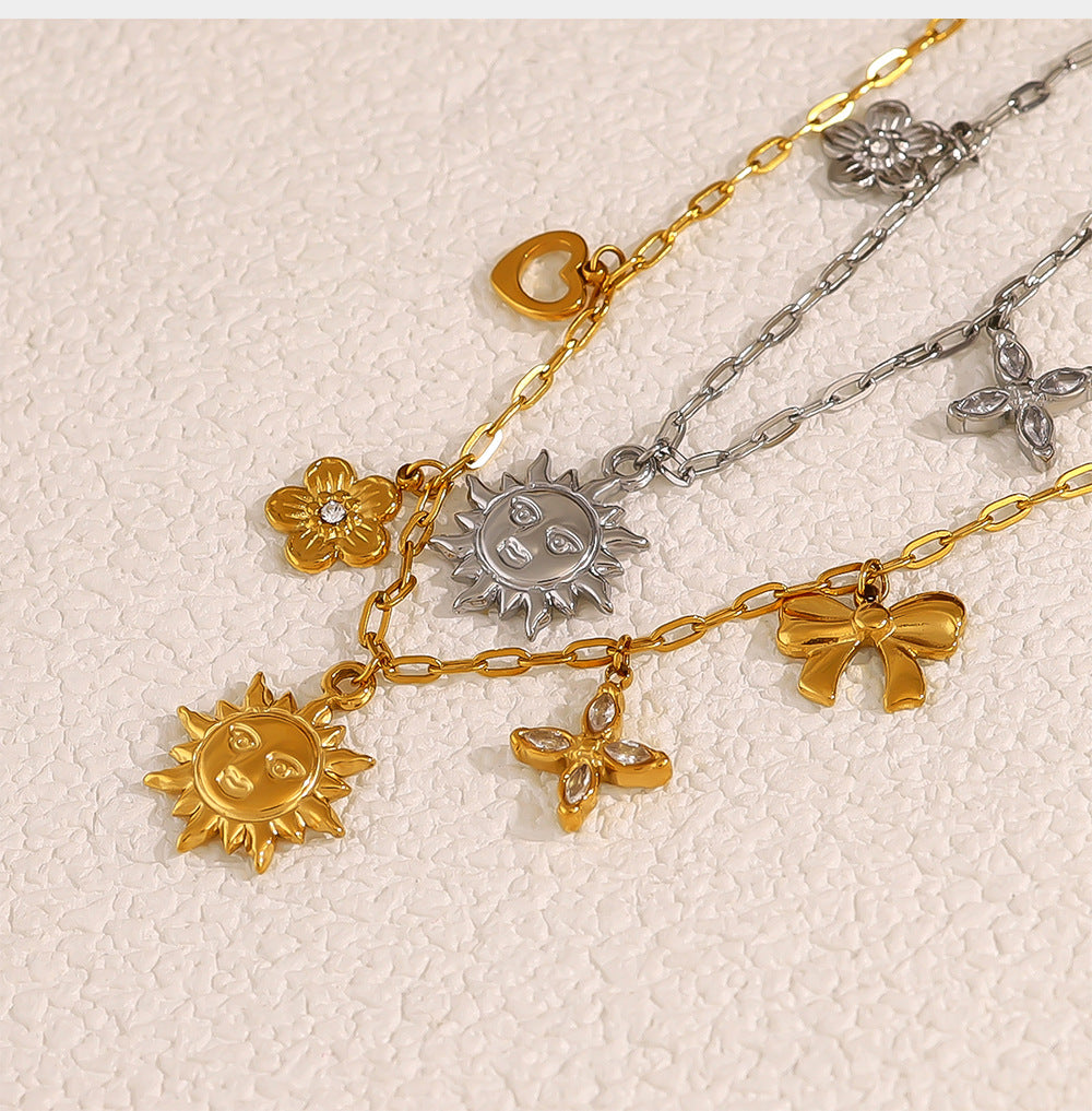 18K Gold Plated Titanium Steel Sunflower, Bow, Heart, and Four-Leaf Clover Layered Bracelet | Fashion Jewelry