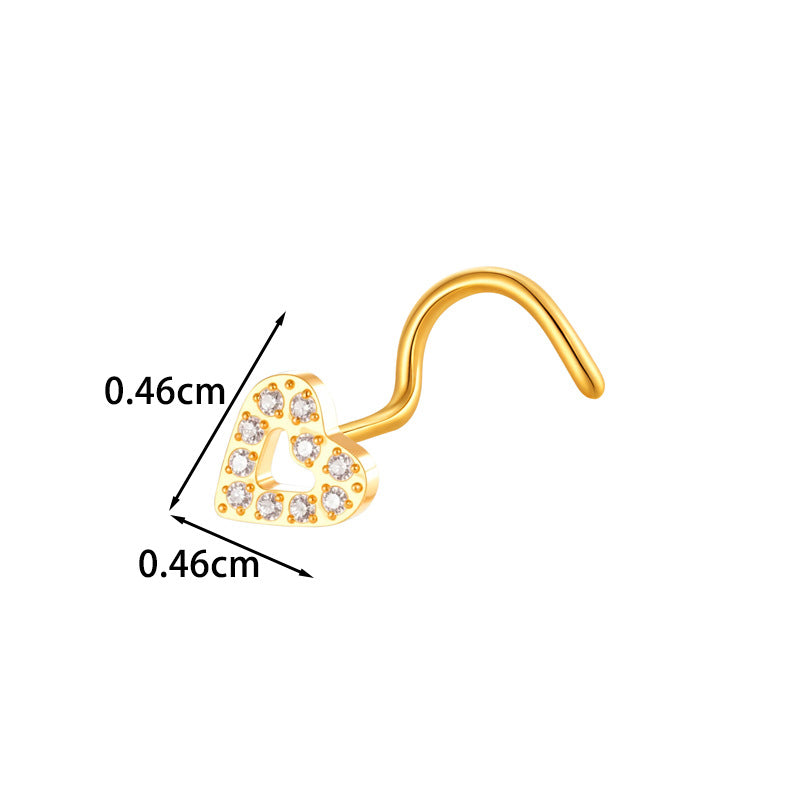 G23/F136 Titanium S-Bar Nose Stud Zircon Paved Hollow Heart & Rose Design – Hypoallergenic Nose Piercing Jewelry for Women, Gold & Silver