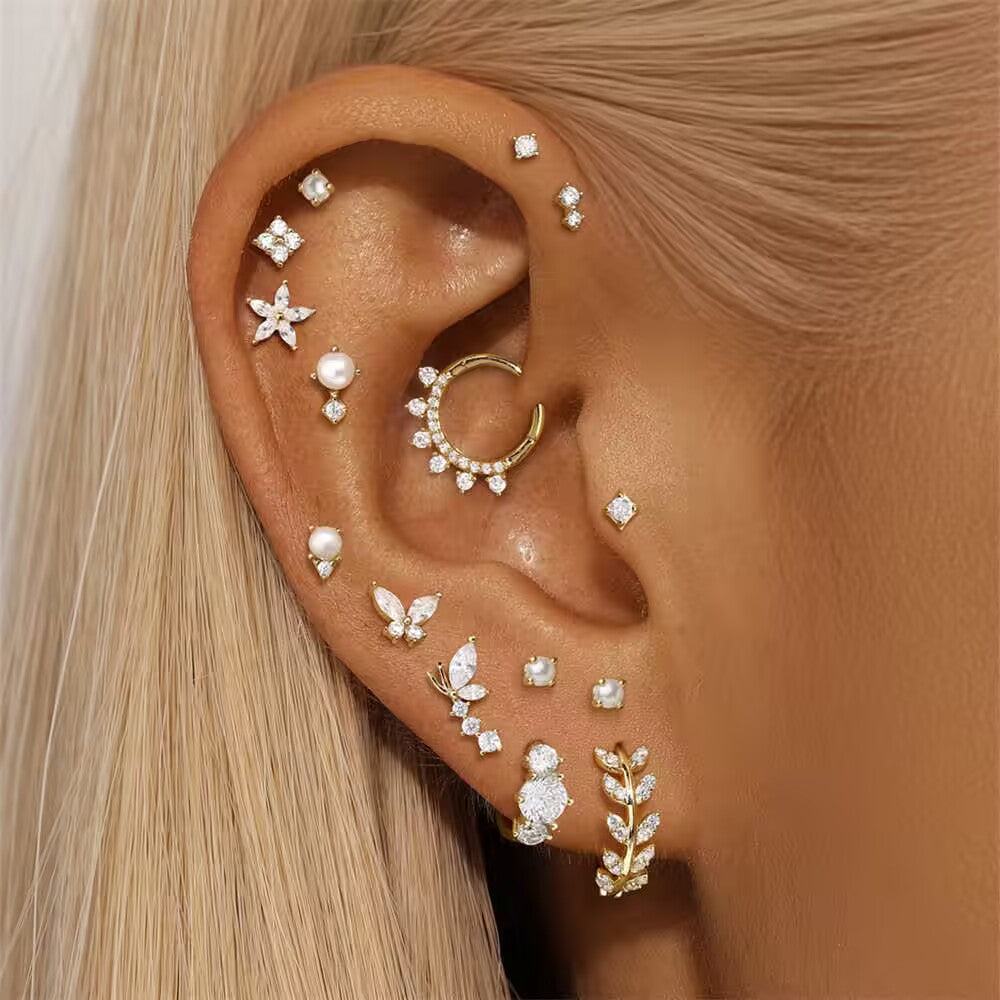14K Solid Gold Five-Stone Crystal Ear Stud – Dainty Single Earring for Stacking