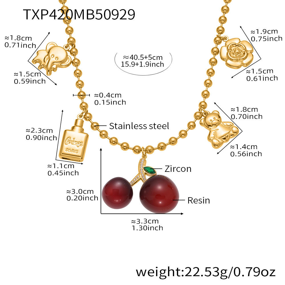 Cherry Zircon Jewelry Set | Gold & Silver Stainless Steel Necklace, Bracelet & Earrings | Trendy Red Resin Cherry Collection by WANTI Jewelry