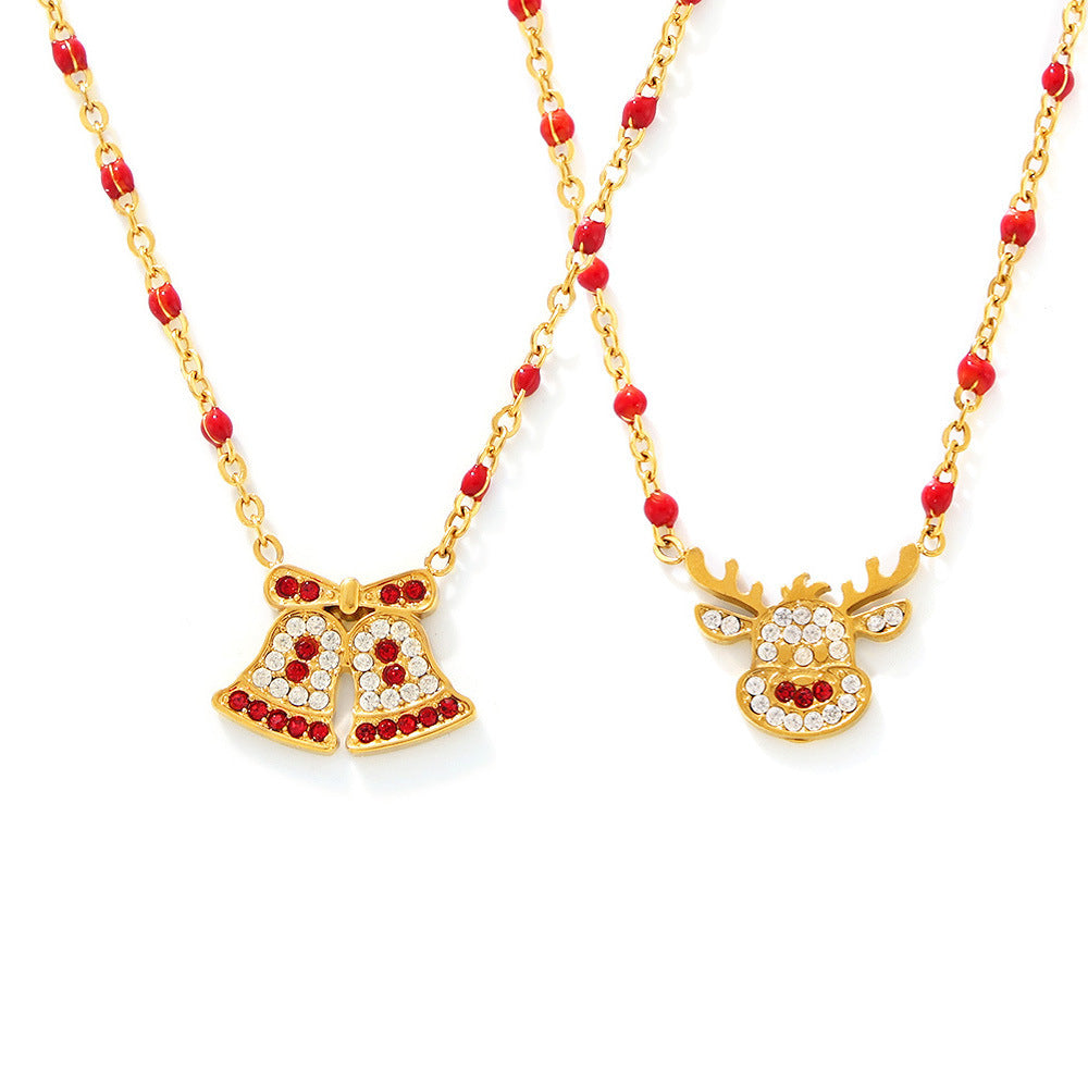 Gold Stainless Steel Christmas Bell & Reindeer Zircon Pendant Necklace | Festive Holiday Jewelry Gift