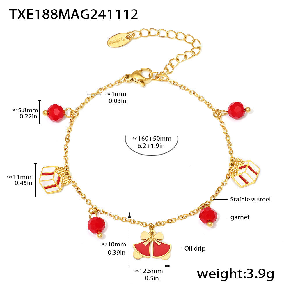 Gold Plated Stainless Steel Double-Layer Bell & Apple Gift Necklace & Bracelet – Garnet Drop