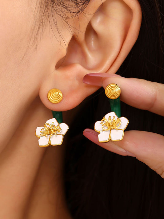 Enamel Camellia Screw Earrings – Elegant Double-Sided Stainless Steel Floral Earrings for Women