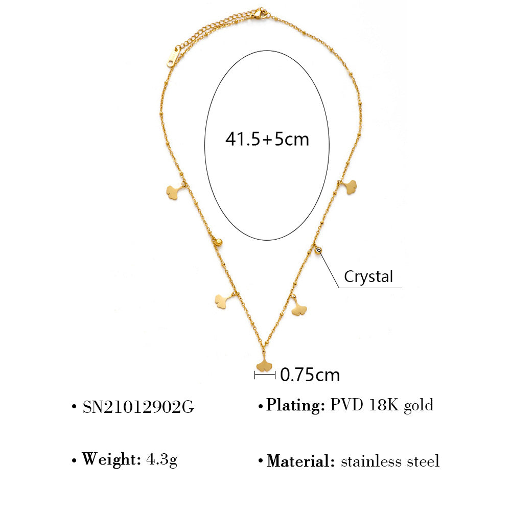18K Gold Plated Titanium Steel Shell Bead Ginkgo Leaf Crystal Pendant Necklace - Simple Fashion Jewelry